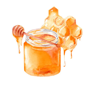 recommend clip art: Sweet honey watercolor illustration. Picture for your design with honey and honeycombs.
