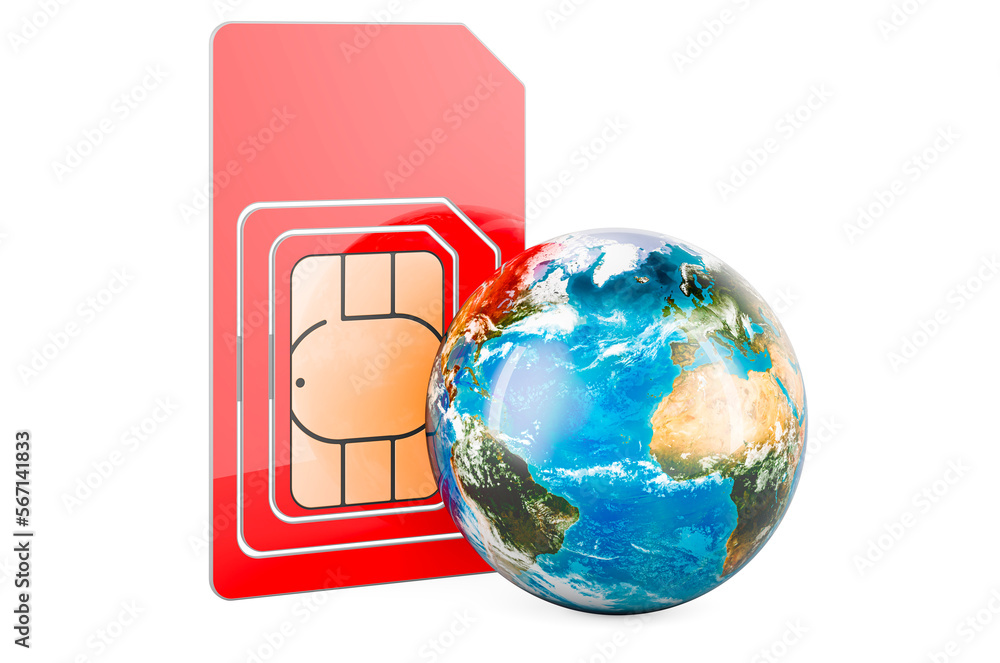 Poster global roaming and traveling concept. sim card with earth globe, 3d rendering