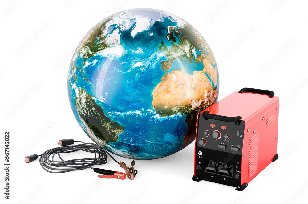 Poster multi-process welder machine with earth, globe. 3d rendering
