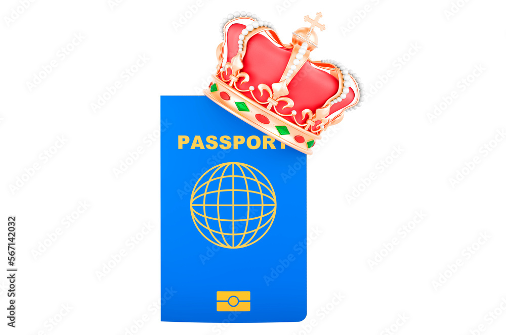 Poster passport with golden crown. 3d rendering