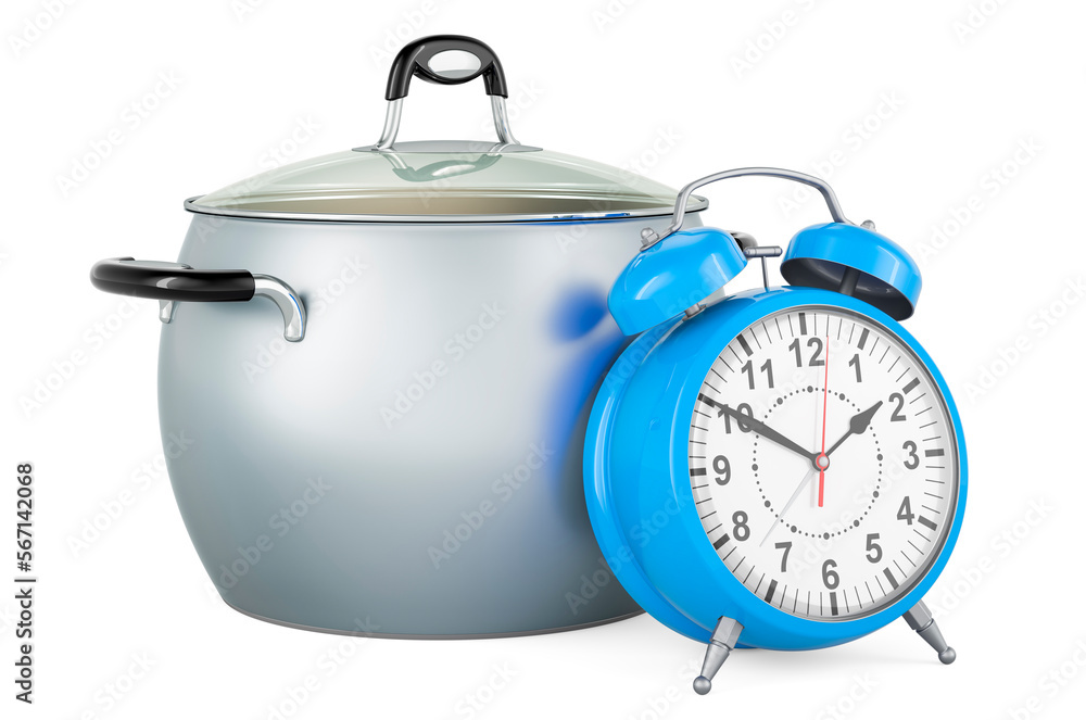 Poster saucepan with alarm clock, 3d rendering