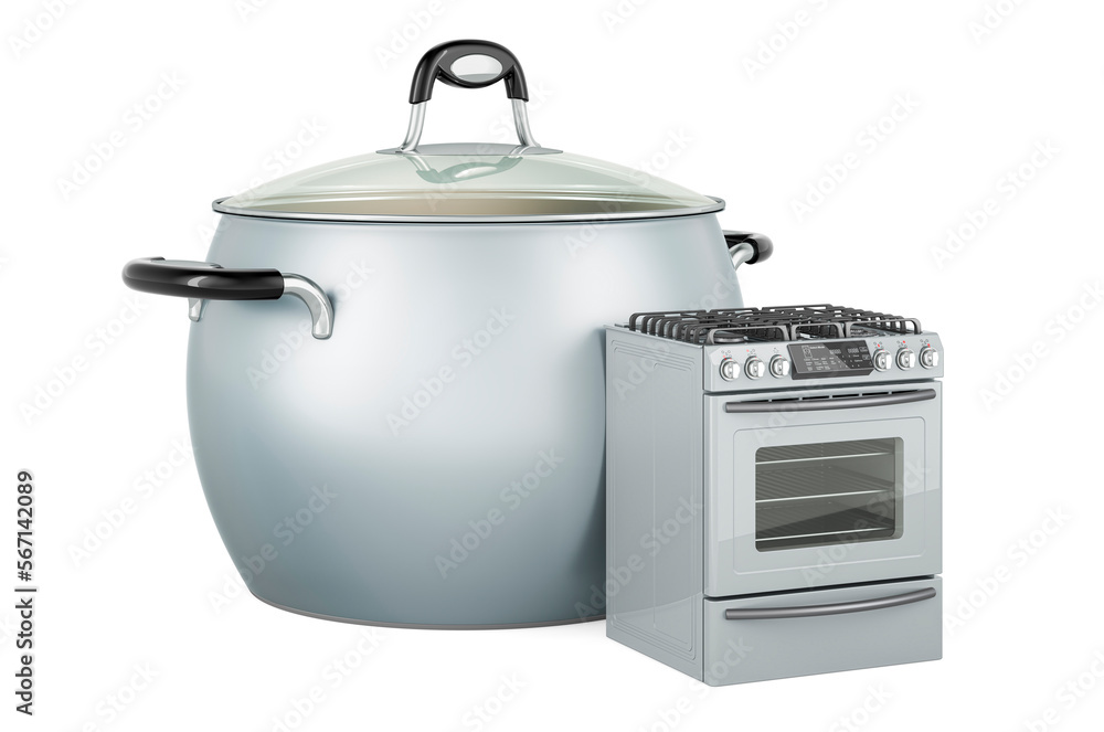 Poster saucepan with gas range, 3d rendering
