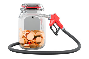 Fuel pump nozzle with glass jar full of golden coins, 3D rendering