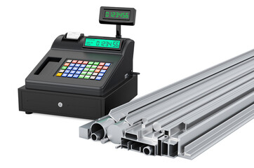 Rolled Metal Products with cash register, 3D rendering