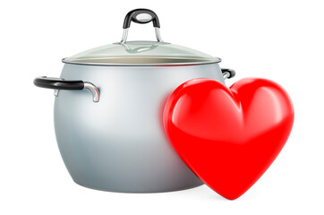 Saucepan with red heart, 3D rendering