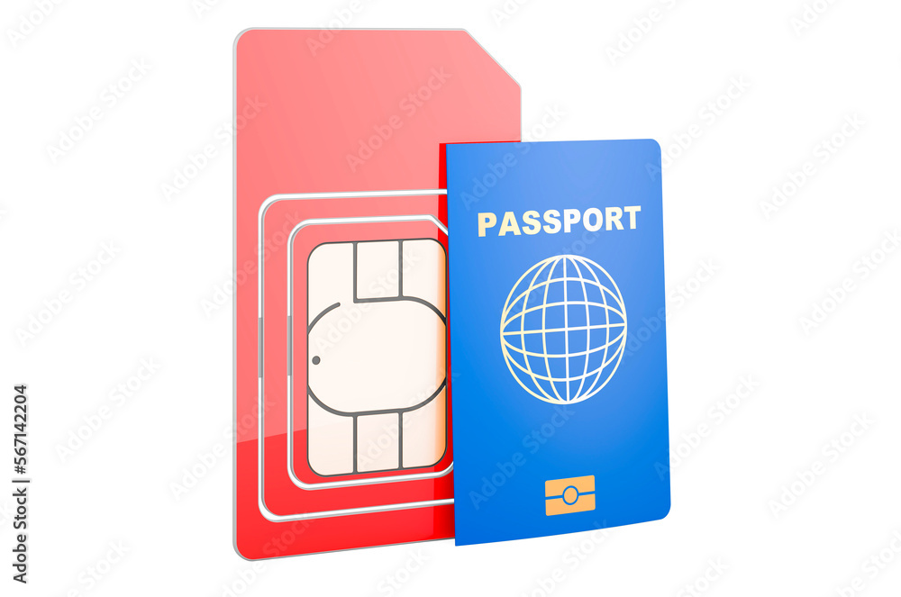 Poster sim card with passport, 3d rendering