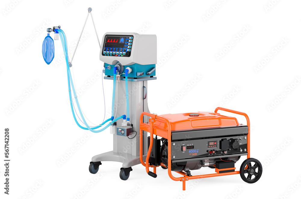 Aufkleber ventilator for artificial ventilation, icu with gasoline generator. 3d rendering