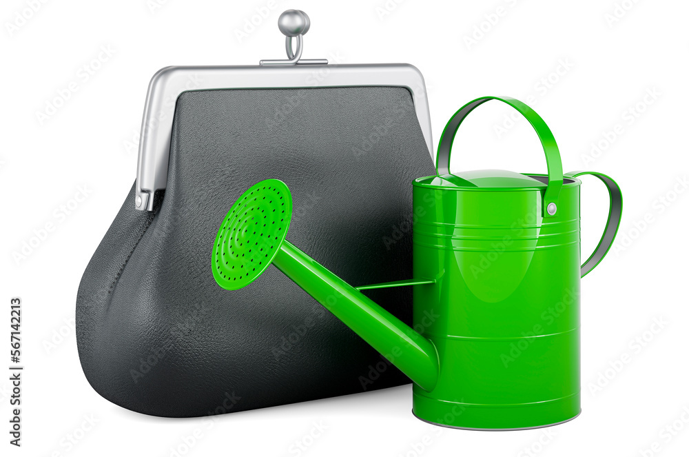 Poster watering can with coin purse, 3d rendering