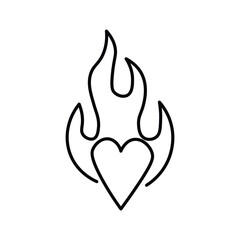 Outline burning heart icon. Heart silhouette with fire, blazing love pictogram