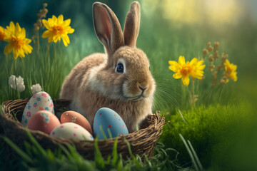 Fototapeta na wymiar Easter bunny and colorful eggs in a basket on background of spring grass and flowers. generative ai