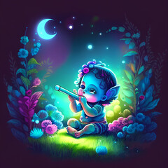 cute little baby God Krishna plays the flute on night on colorful meadow with colorful lights, cartoon character style, generative AI