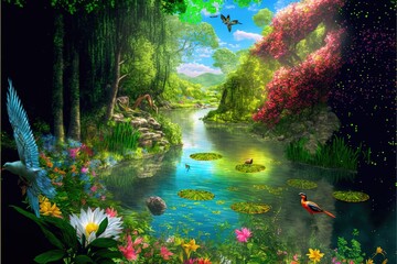 Obraz na płótnie Canvas fantasy painting Photo wallpaper of a forest landscape with a lake, plants, trees, roses, birds, peacocks, butterflies, and insects generative AI digital illustration.