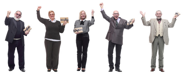 group of happy people with gifts in their hands isolated