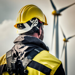 Engineer in an area with windmills. Wind power. Generative AI.	
