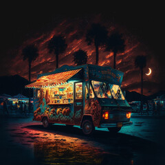 Food truck at a fair during night. Generative AI.	
