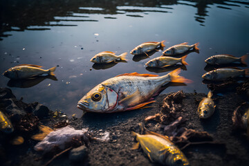 Dead fish poisoned lies on the shore of fresh water. Environment poison pollution concept. Generative AI technology.
