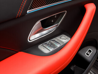 night ambient led light inside of car interior. red and black door card