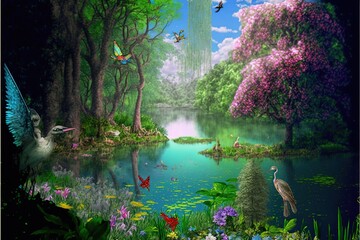fantasy painting Photo wallpaper of a forest landscape with a lake, plants, trees, roses, birds, peacocks, butterflies, and insects generative AI digital illustration.