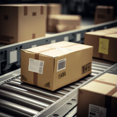 Packages on a conveyor belt in a logistics center. Generative AI.	
