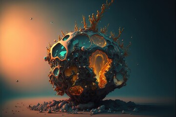  a strange looking object with a lot of holes in the middle of it, surrounded by rocks and debris, on a blue and orange background.  generative ai