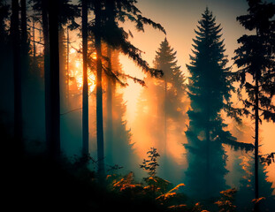 sunrise in the forest with trees tallest