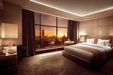 Luxury modern style bedroom, Interior of a hotel bedroom. Generative AI illustration