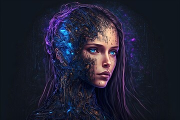 Artificial intelligence, a humanoid cyber girl with a neural network thinks