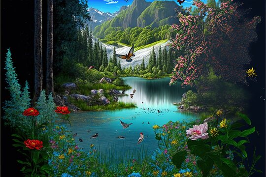 fantasy painting Photo wallpaper of a forest landscape with a lake, plants, trees, roses, birds, peacocks, butterflies, and insects generative AI digital illustration.