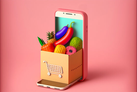 Smart phone online shopping, a box with groceries received through a smartphone