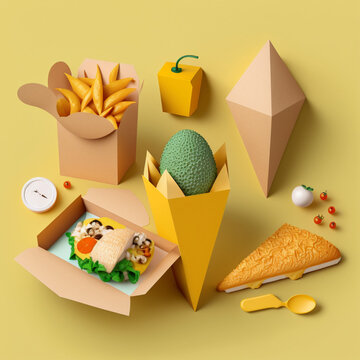 Take away food in a yellow background. Generative AI.	
