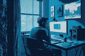  a man sitting at a desk with headphones on in front of a computer monitor and a monitor on a desk next to a window.  generative ai
