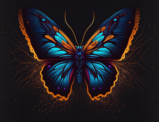 drawing or illustration of a butterfly with beautiful colors and a black background
