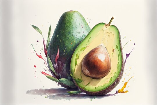  a painting of an avocado with a slice cut in half and a whole avocado in the middle of the image, with a splash of paint on the side.  generative ai