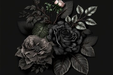  a bouquet of flowers on a black background with leaves and flowers in the middle of the frame, with a black background with a black background.  generative ai