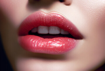 Beautiful and sensual female lips with pink lip gloss. AI generated image.