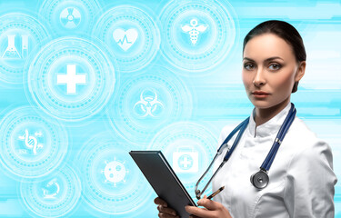 Woman doctor on cyan, blue and white futuristic background with medicine symbols