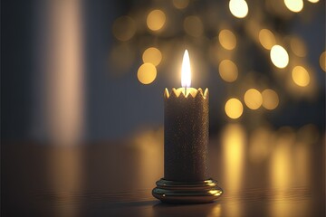  a lit candle sitting on a table with a blurry christmas tree in the background of the picture behind it, with a blurry background of lights.  generative ai