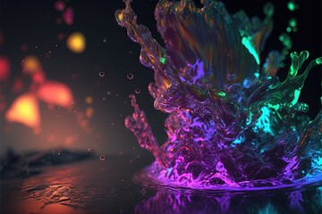  a multicolored liquid splashing on a black surface with a reflection of the light on the water and the colors of the water in the background.  generative ai