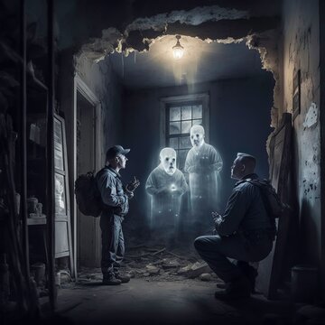 paranormal investigators in a haunted house generative ai