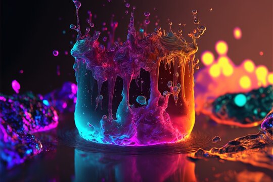  a colorful cake with a lot of water on it's side and a slice of cake on the other side of the cake with a slice missing one.  generative ai
