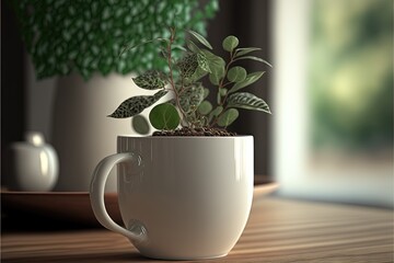  a potted plant sitting inside of a white cup on a table next to a window sill and a cup of coffee on a wooden table.  generative ai