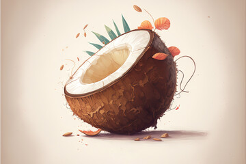 a painting of a coconut with leaves and flowers on it's side and the word cococatool written in the middle of the image.  generative ai - obrazy, fototapety, plakaty