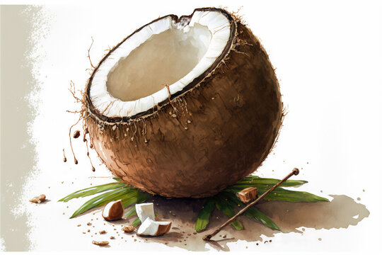  a painting of a coconut with a bite taken out of it's shell and a green leaf on the side of the image and a white background.  generative ai