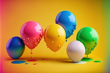  a group of balloons floating on top of a yellow floor with drops of water on them and a multicolored background with a rainbow hue.  generative ai