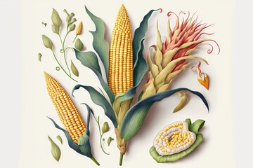  a painting of corn on the cob with leaves and flowers on a white background with a white background and a white background with a white border.  generative ai
