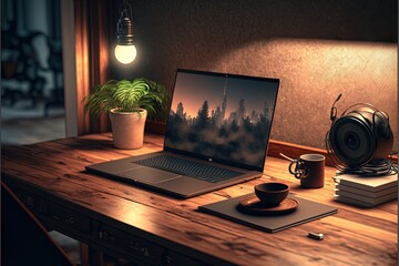  a laptop computer sitting on top of a wooden desk next to a cup of coffee and a potted plant on top of a wooden desk.  generative ai