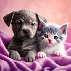 cute little puppy and kitten lie on a pink blanket, generative AI