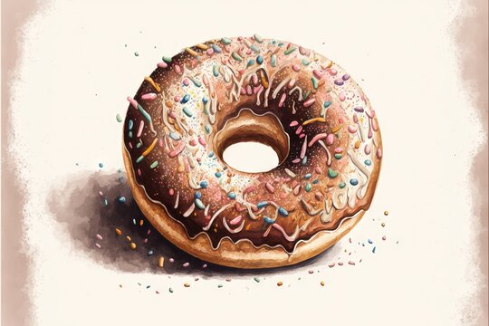  a painting of a donut with sprinkles on a white background with a shadow of the donut on the ground and a hole in the middle of the donut.  generative ai