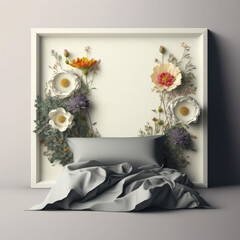 Cornice grande, Mock-up, pogiata a muro dietro un letto grigio , con cuscino, circondata da fiori, in una stanza colore grigio chiaro.