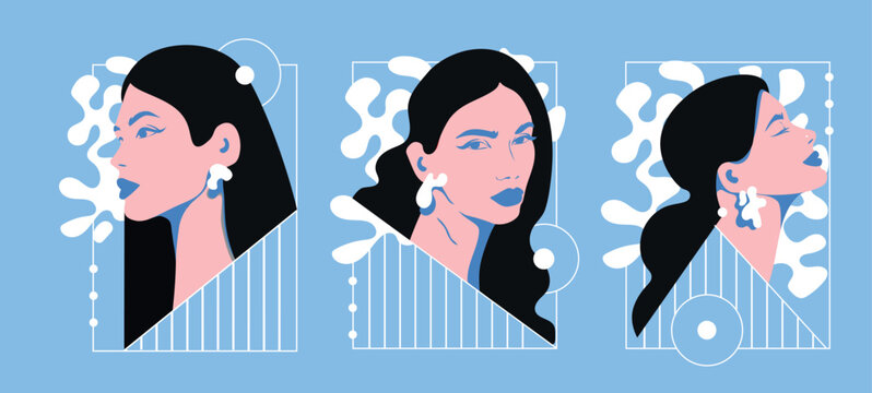 A modern collection of women's portraits on an abstract background. Fashionable women's portrait in fashionable colors. Collection of modern art posters. Vector illustration flat style for printing